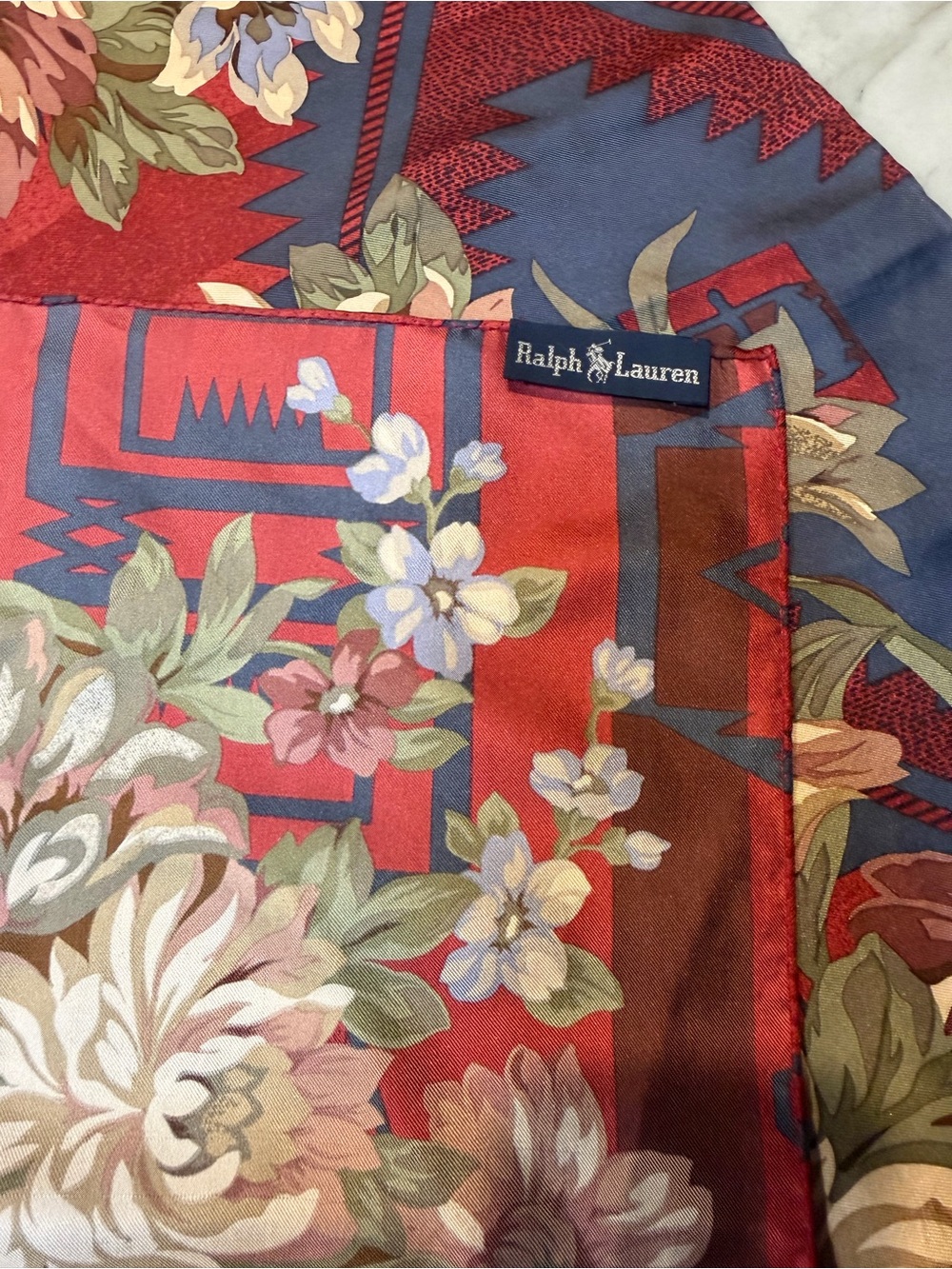 Ralph Lauren Vintage Silk Scarf 34” Southwestern Floral Cabbage Rose Red Navy
